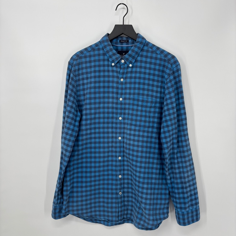 American Eagle Mens Blue Check Button Down Shirt‎ Large Tall LT Long Sleeve Soft